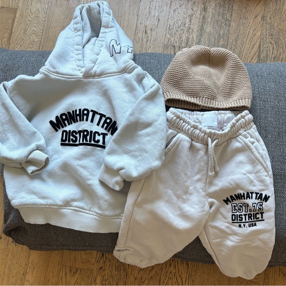 Zara Cream sweater and Joggers with Tan Knit Beanie
